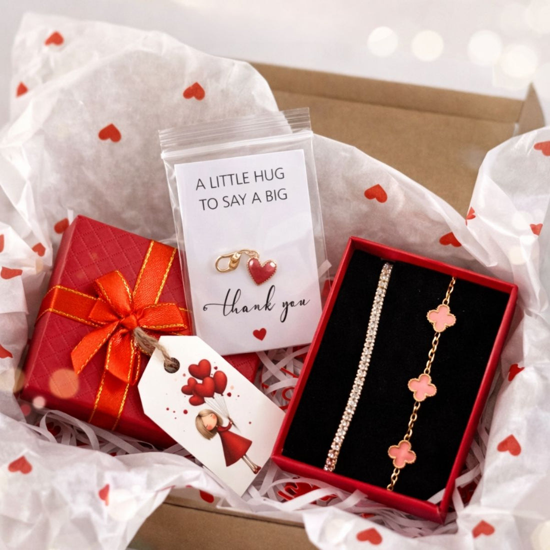 Set Cadou Romantic „Pink Glow” – Brățară Tennis & Brățară Trifoi Roz, Ambalaj Premium