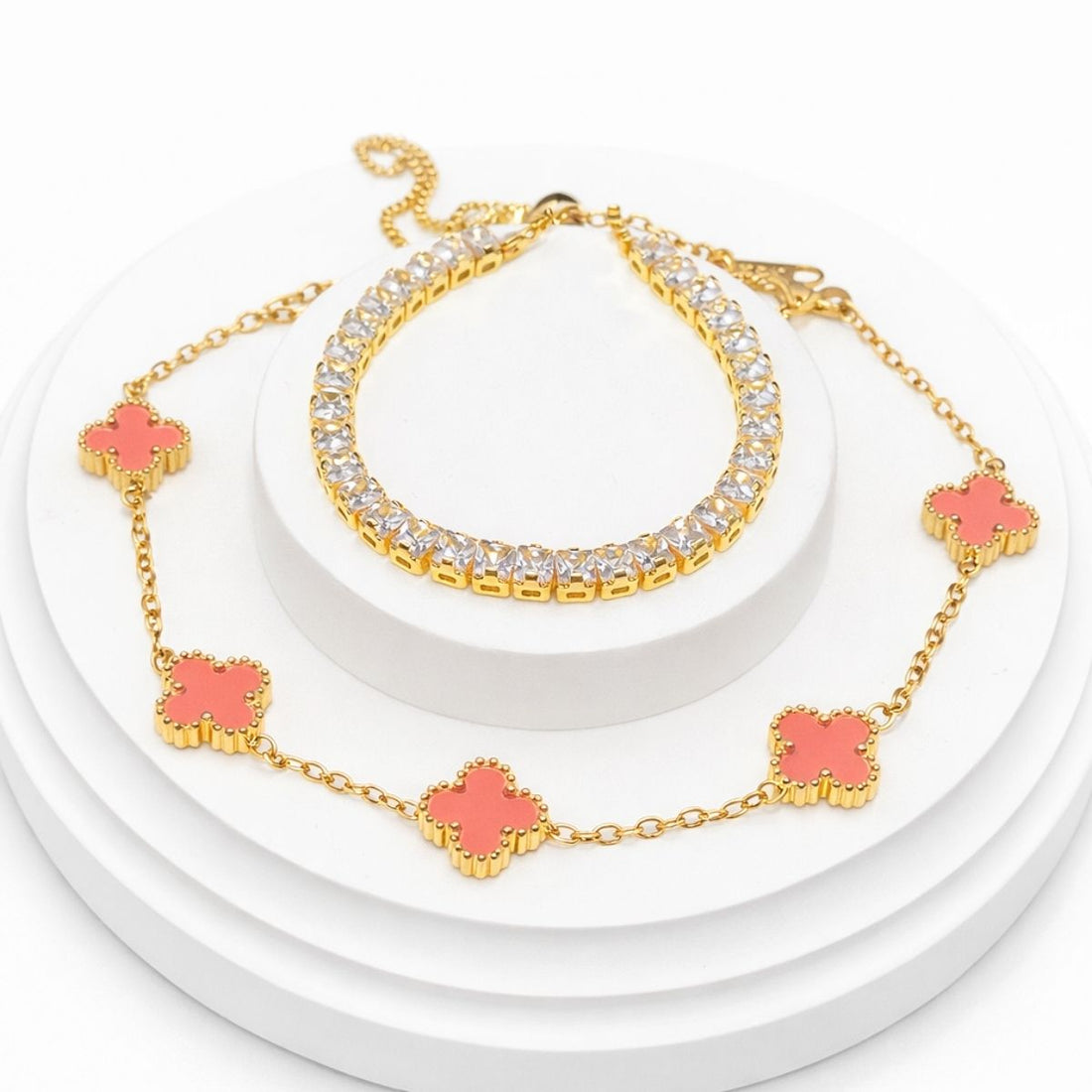 Set Cadou Romantic „Pink Glow” – Brățară Tennis & Brățară Trifoi Roz, Ambalaj Premium