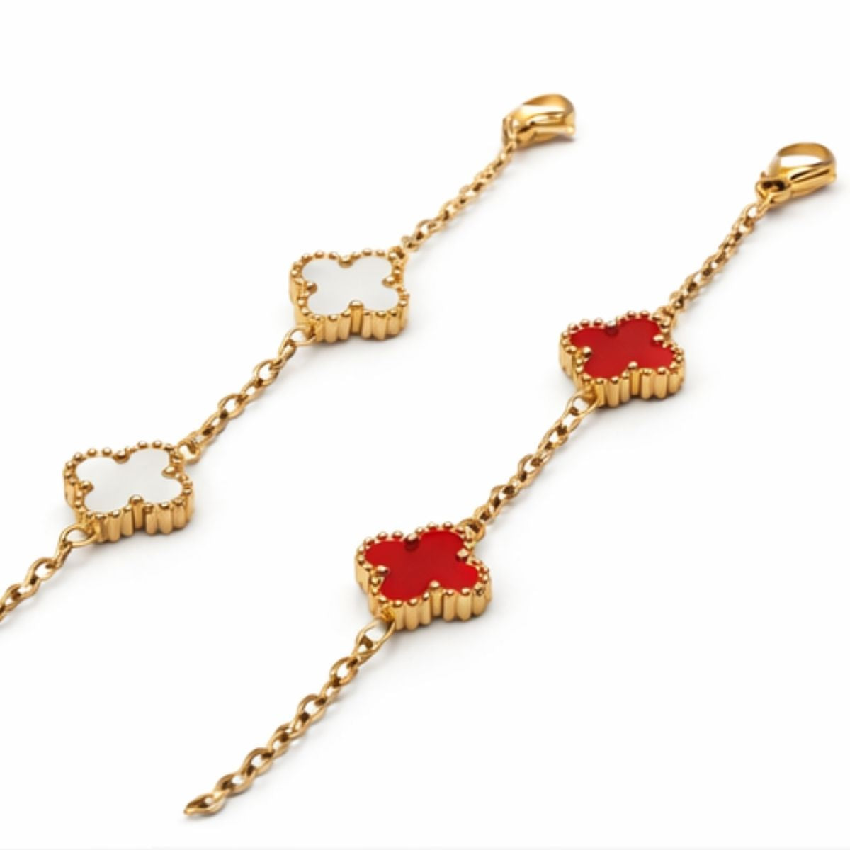 Set 2 Brățări Damă , Trifoi MINI Alb și Roșu, Lanț Auriu Reglabil, Model Elegant Mărțișor 1 Martie, Cadou pentru Ea