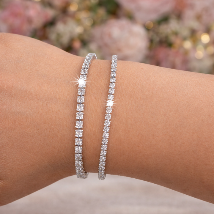 Set Brățări Tennis Argintii Damă 3mm și 2mm Reglabilă și Fixă Inoxidabile Rezistente la Apă Cadou