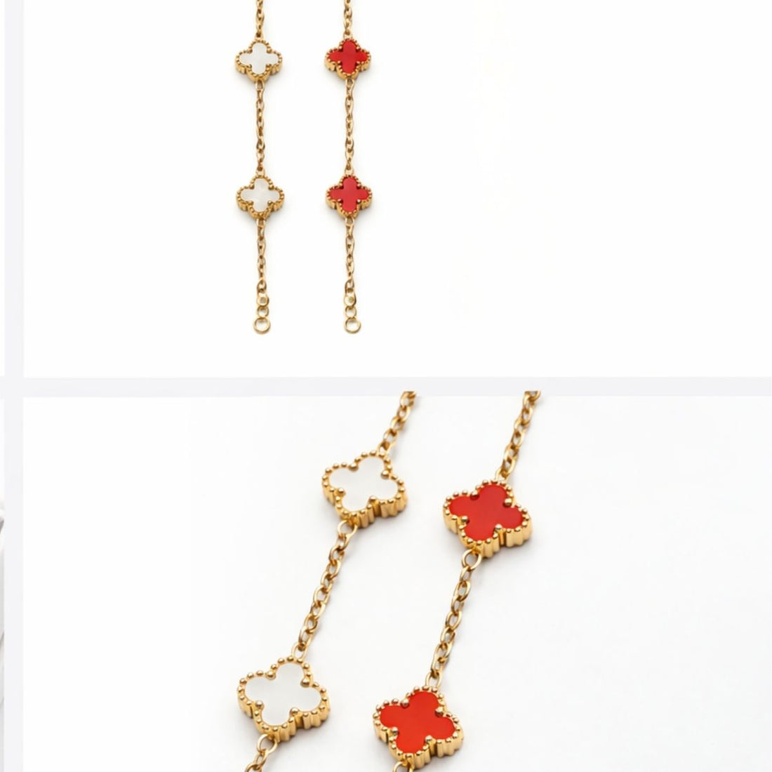 Set 2 Brățări Damă , Trifoi MINI Alb și Roșu, Lanț Auriu Reglabil, Model Elegant Mărțișor 1 Martie, Cadou pentru Ea