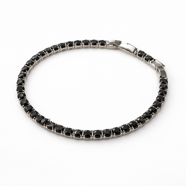 Brățară Tennis Elegantă Argintie cu Pietre Negre Strălucitoare