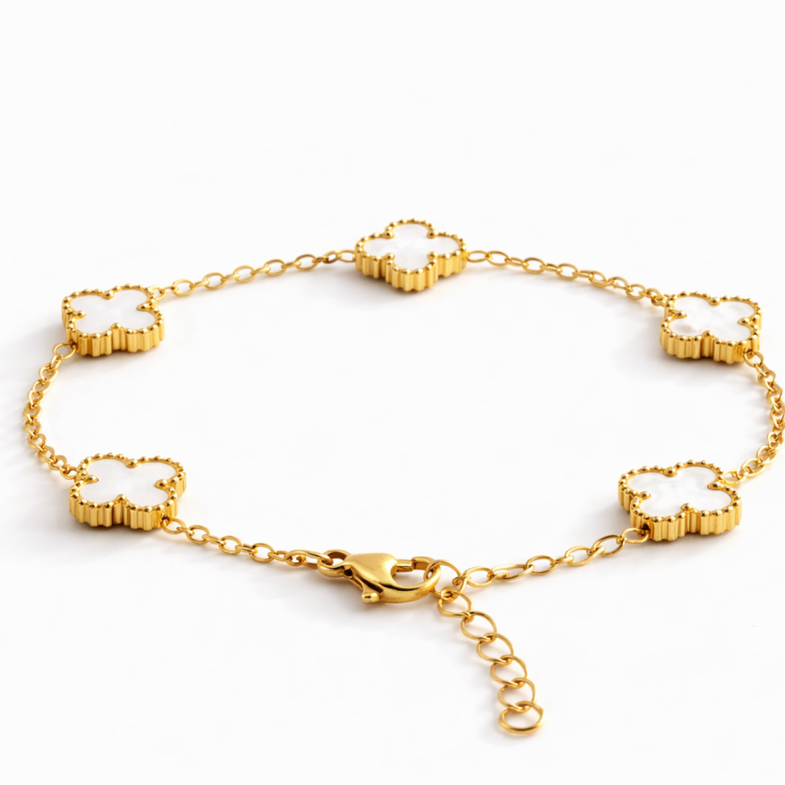 Brățară damă aurie cu trifoi alb din oțel inoxidabil Mini – model elegant reglabil, stil luxury