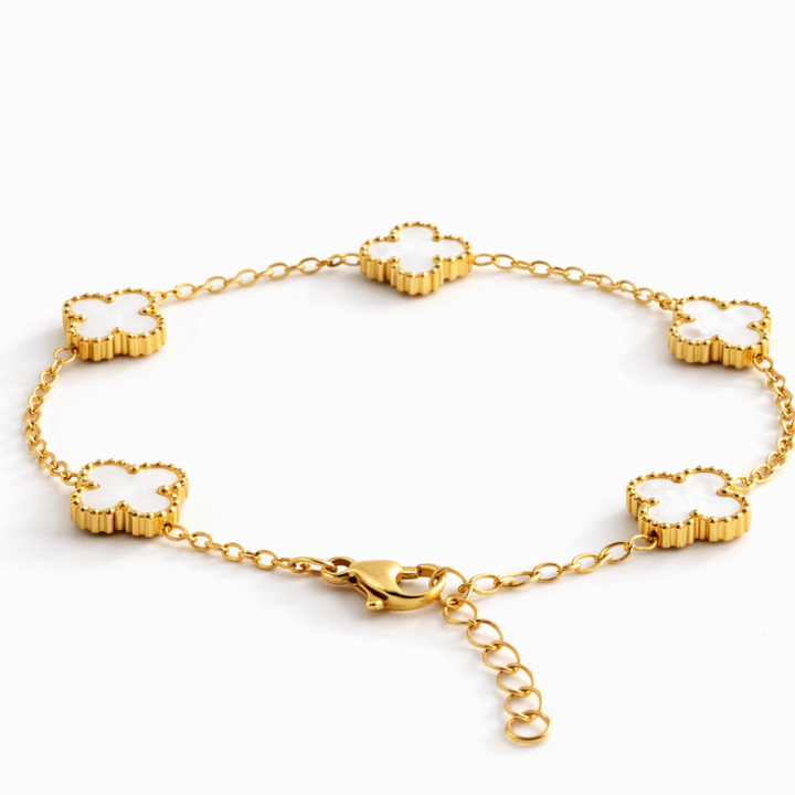 Brățară damă aurie cu trifoi alb din oțel inoxidabil Mini – model elegant reglabil, stil luxury