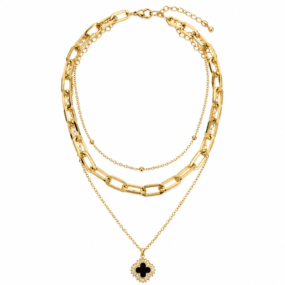 Colier Layered Gold 3-în-1 cu Pandantiv Clover Negru – Oțel Inoxidabil Waterproof 40+5 cm