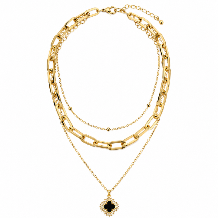 Colier Layered Gold 3-în-1 cu Pandantiv Clover Negru – Oțel Inoxidabil Waterproof 40+5 cm