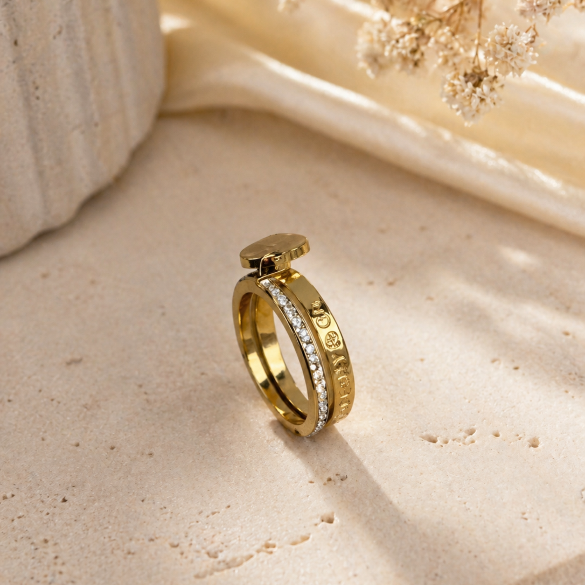 Inel Tiff Auriu Double Heart din Oțel Inoxidabil, cu Zirconii, Rezistent la Apă și Uzură, Design Elegant