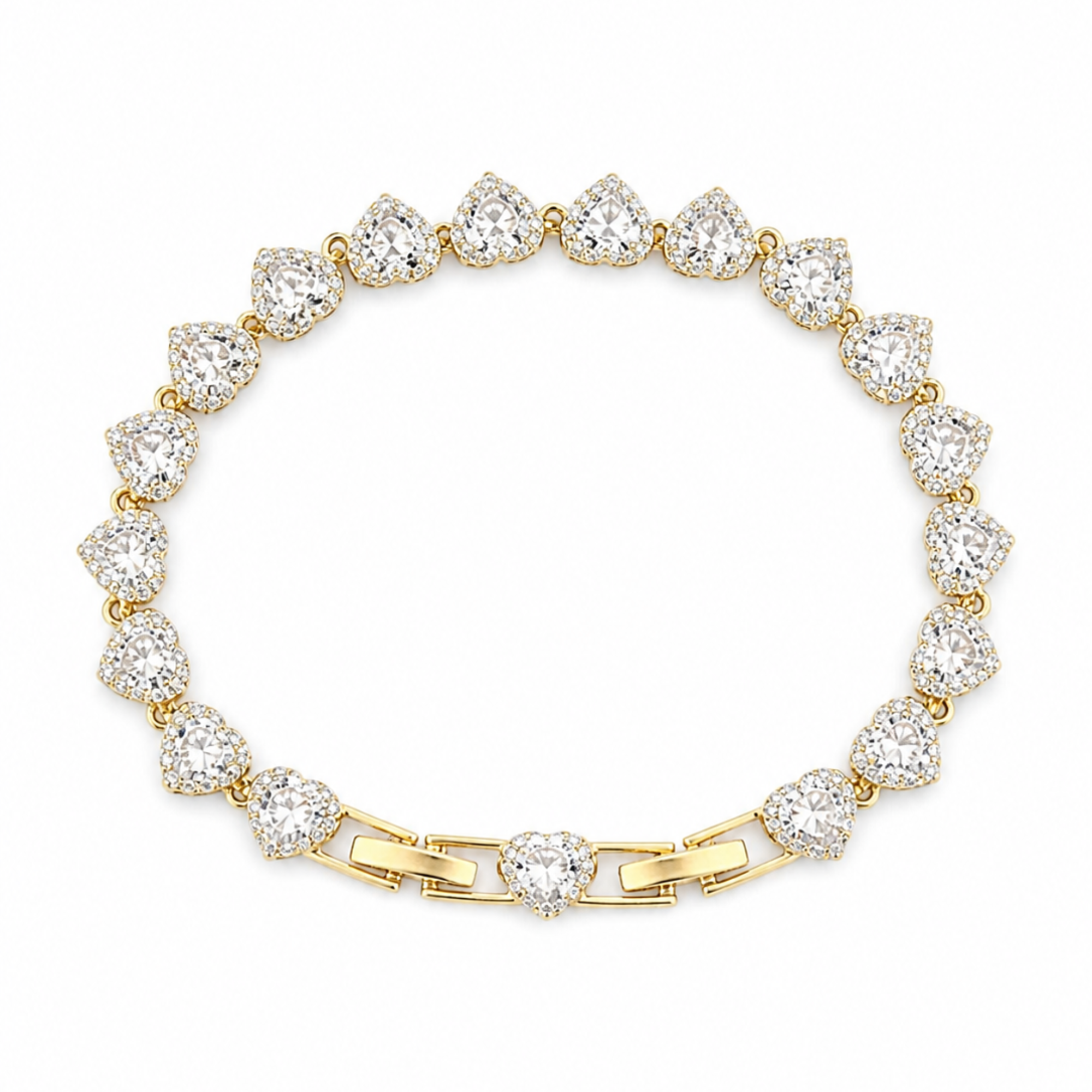 Brățară Tennis Angelic Heart aurie – cu cristale strălucitoare în formă de inimă, design elegant