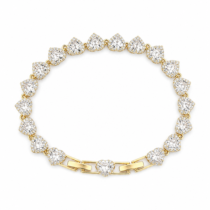 Brățară Tennis Angelic Heart aurie – cu cristale strălucitoare în formă de inimă, design elegant