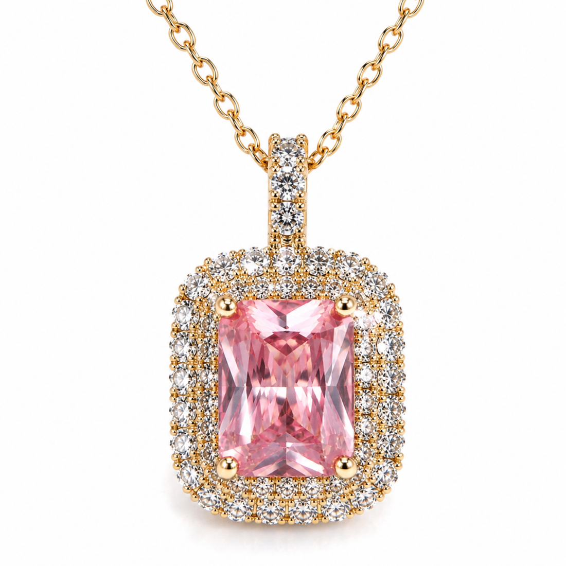 Colier Elegant Pink Radiance din Oțel Inoxidabil Auriu – Pandantiv Roz cu Cristale Zirconiu
