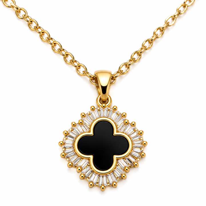 Colier Layered Gold 3-în-1 cu Pandantiv Clover Negru – Oțel Inoxidabil Waterproof 40+5 cm