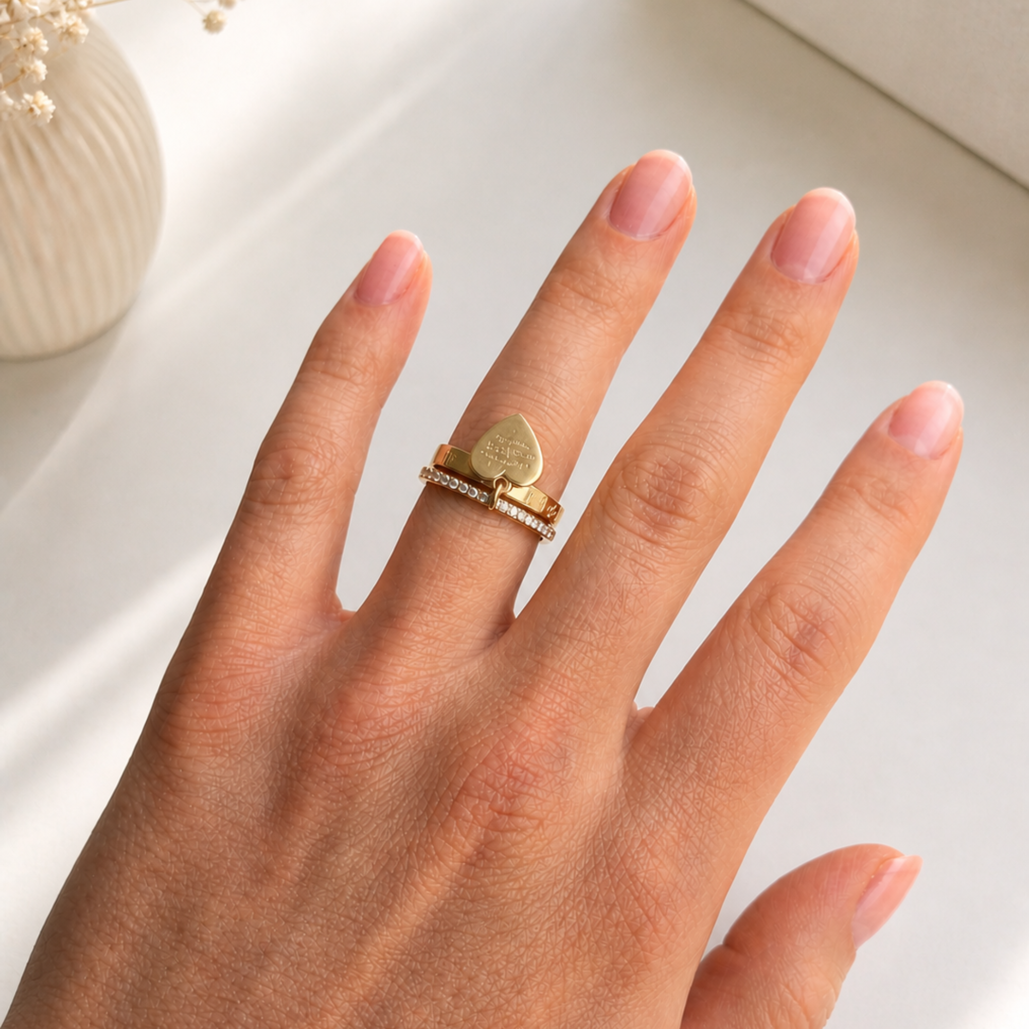 Inel Tiff Auriu Double Heart din Oțel Inoxidabil, cu Zirconii, Rezistent la Apă și Uzură, Design Elegant