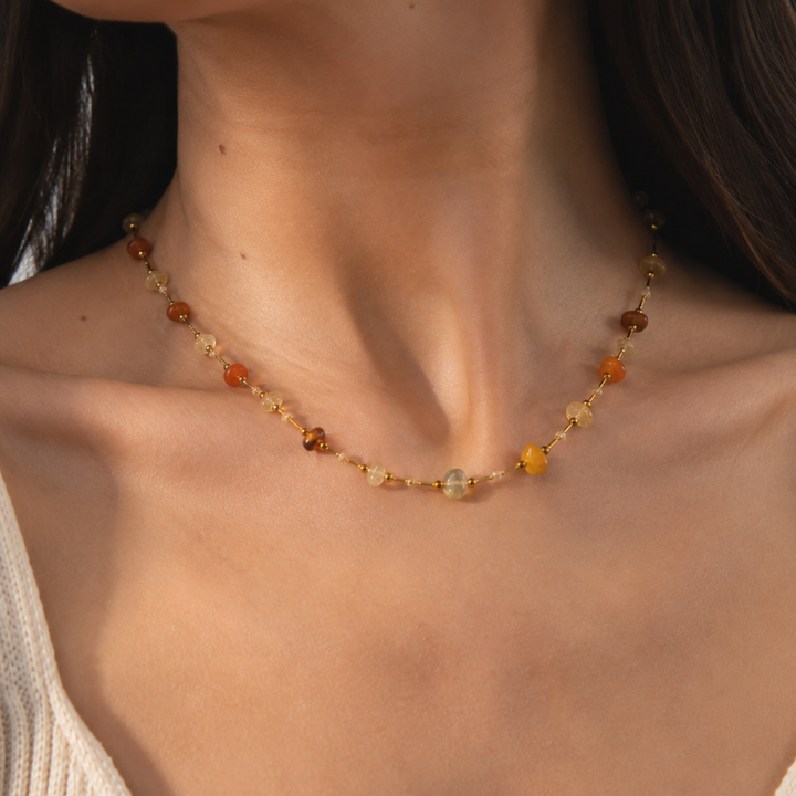 Colier Damă cu Pietre Naturale Galben & Orange din Oțel Inoxidabil – Waterproof, 40+5 cm – Elegant Daily Necklace