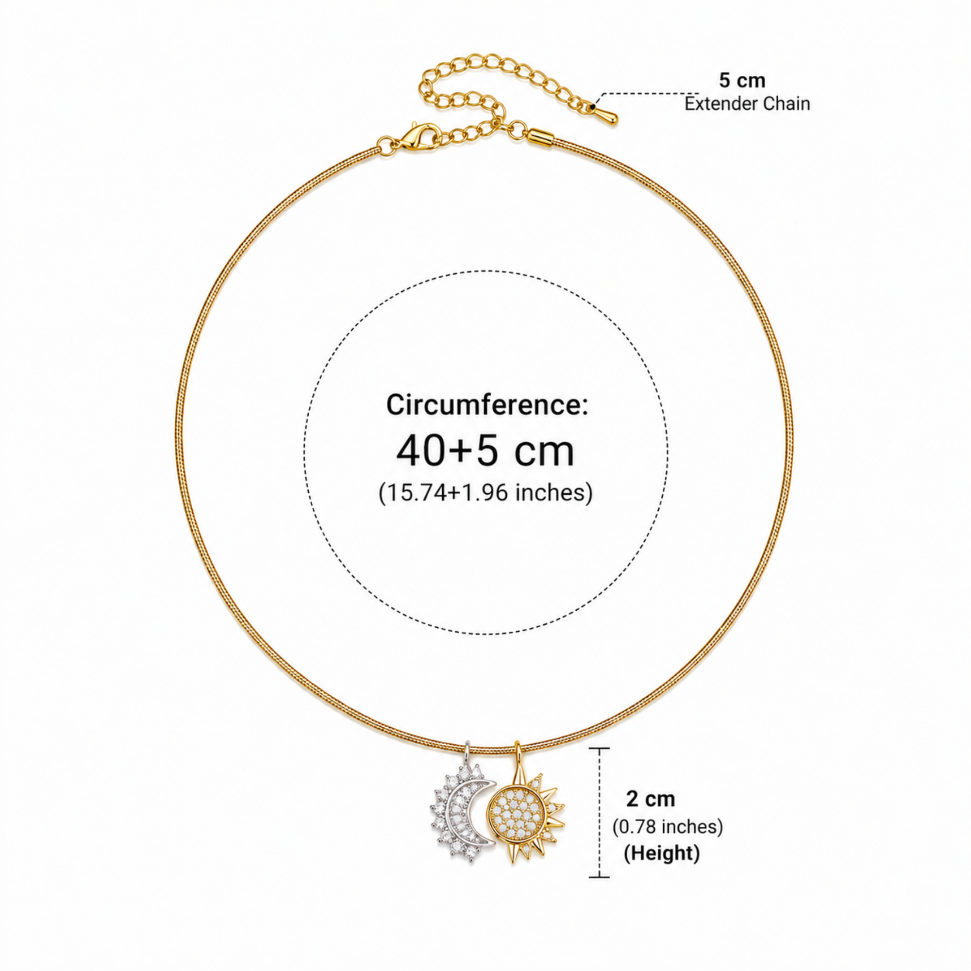 Colier Moon & Sun din Oțel Inoxidabil Auriu – Rezistent la Apă, 40+5 cm, Pandantiv cu Pietre Strălucitoare
