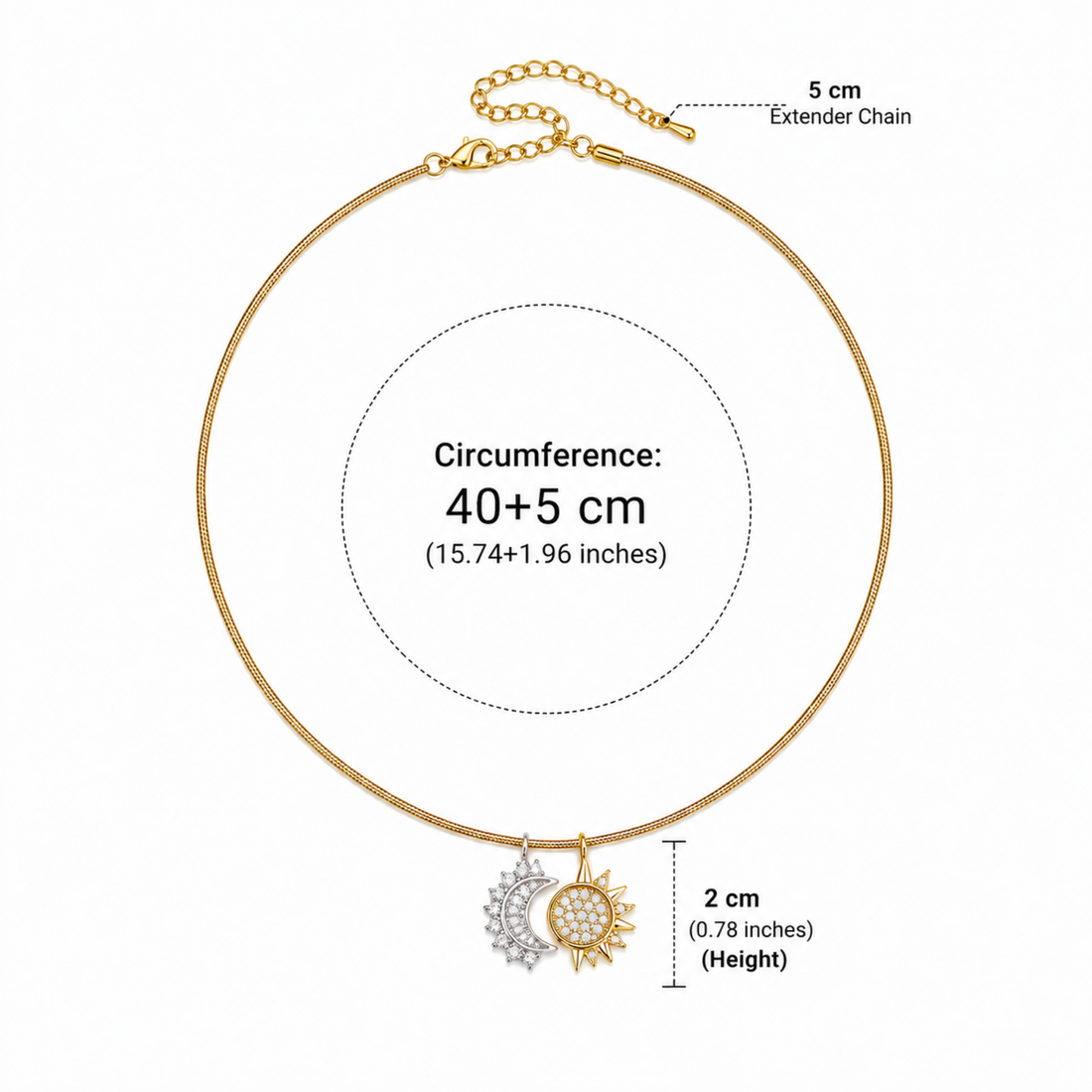 Colier Moon & Sun din Oțel Inoxidabil Auriu – Rezistent la Apă, 40+5 cm, Pandantiv cu Pietre Strălucitoare