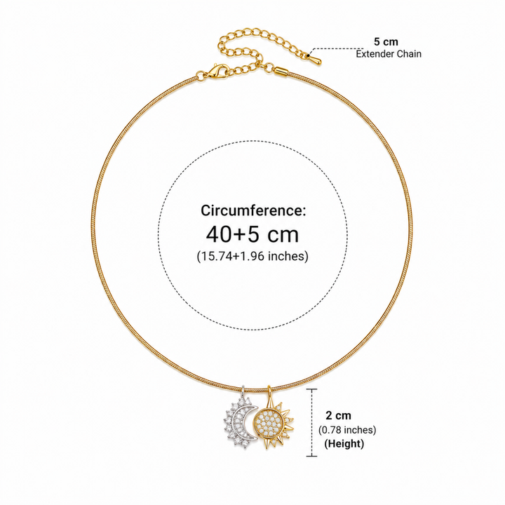 Colier Moon & Sun din Oțel Inoxidabil Auriu – Rezistent la Apă, 40+5 cm, Pandantiv cu Pietre Strălucitoare