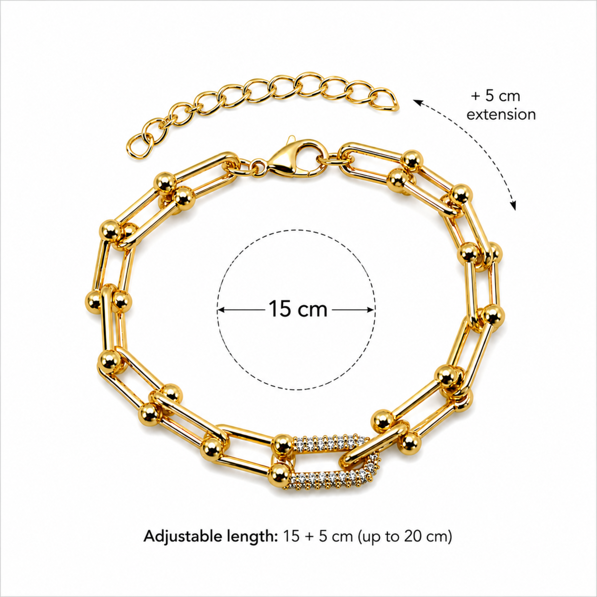 Brățară Damă Aurie din Oțel Inoxidabil, Model Tip U cu Zirconia – Reglabilă, Rezistentă la Apă