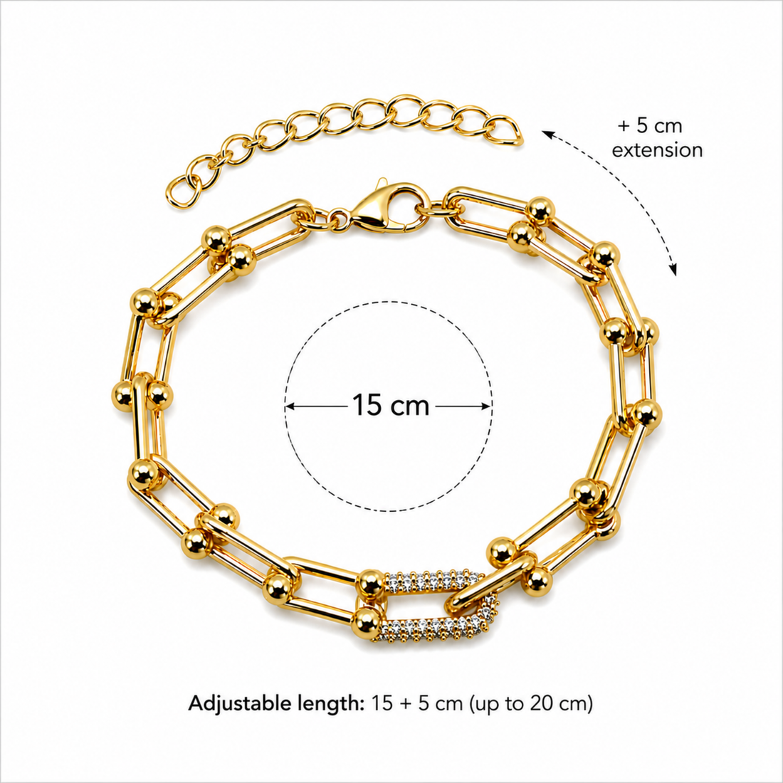 Brățară Damă Aurie din Oțel Inoxidabil, Model Tip U cu Zirconia – Reglabilă, Rezistentă la Apă
