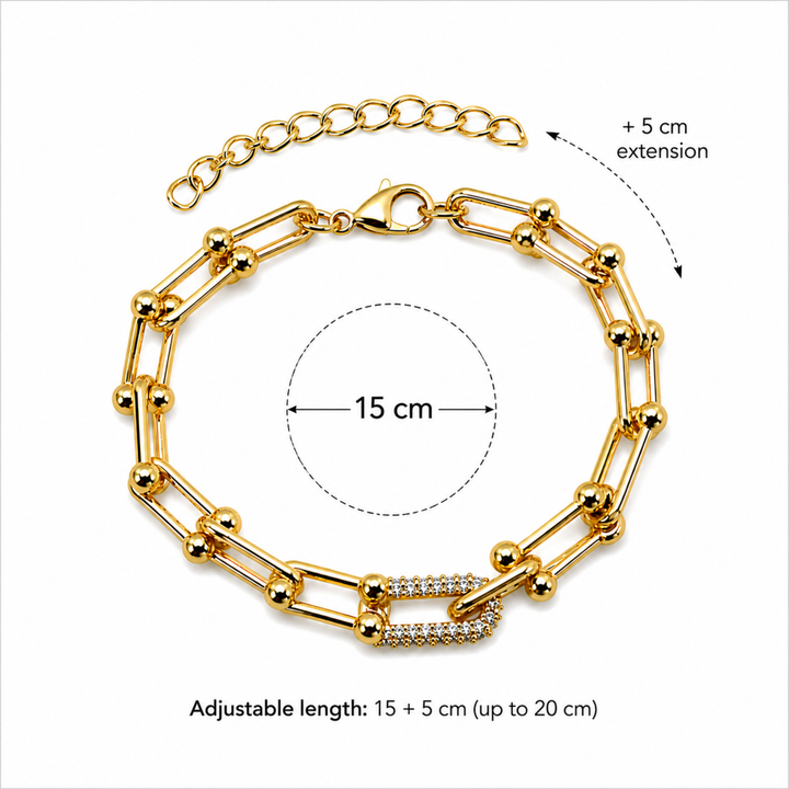 Brățară Damă Aurie din Oțel Inoxidabil, Model Tip U cu Zirconia – Reglabilă, Rezistentă la Apă