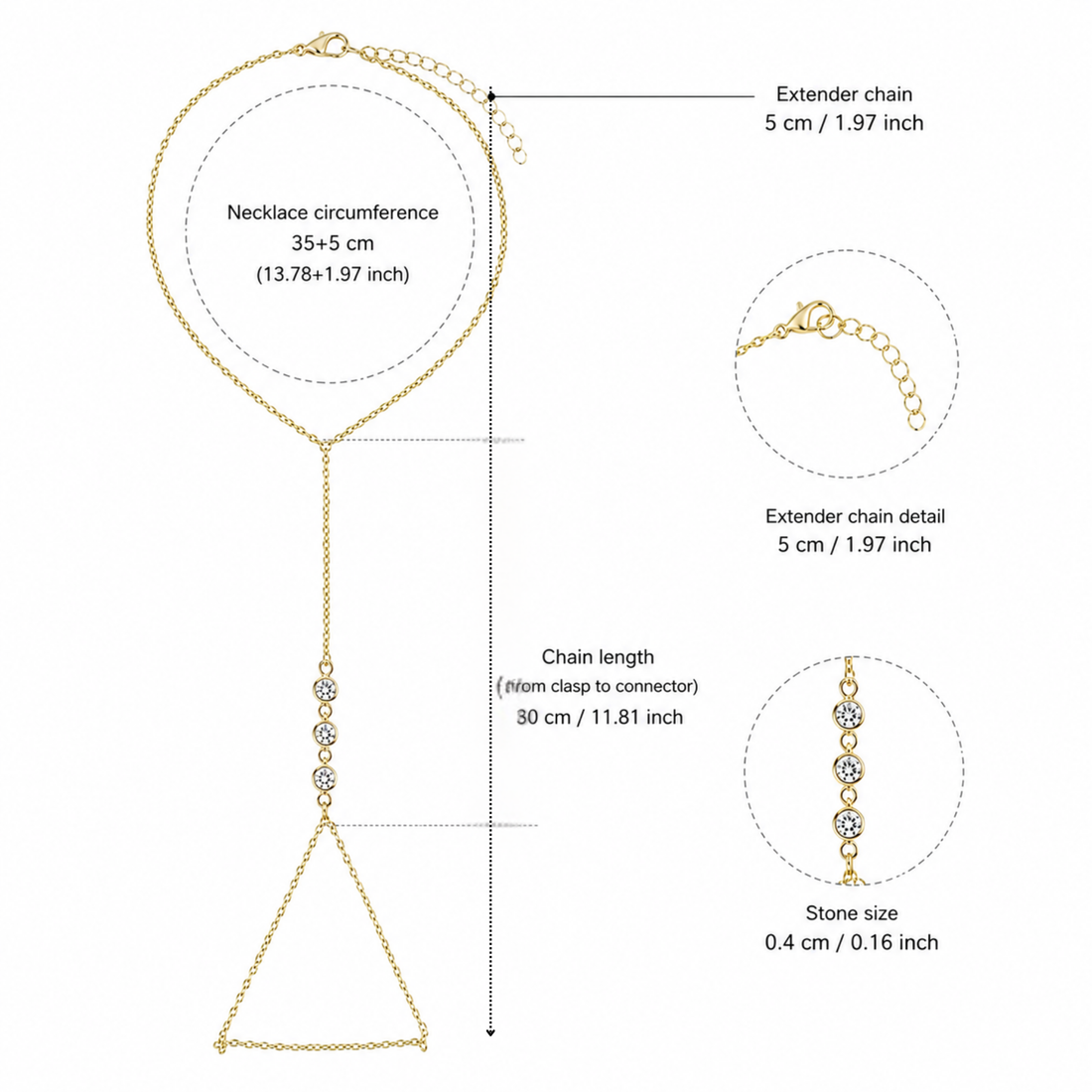 Brățară de Mână Gold Hand Chain cu 3 Pietre Zirconiu – Oțel Inoxidabil Rezistent la Apă
