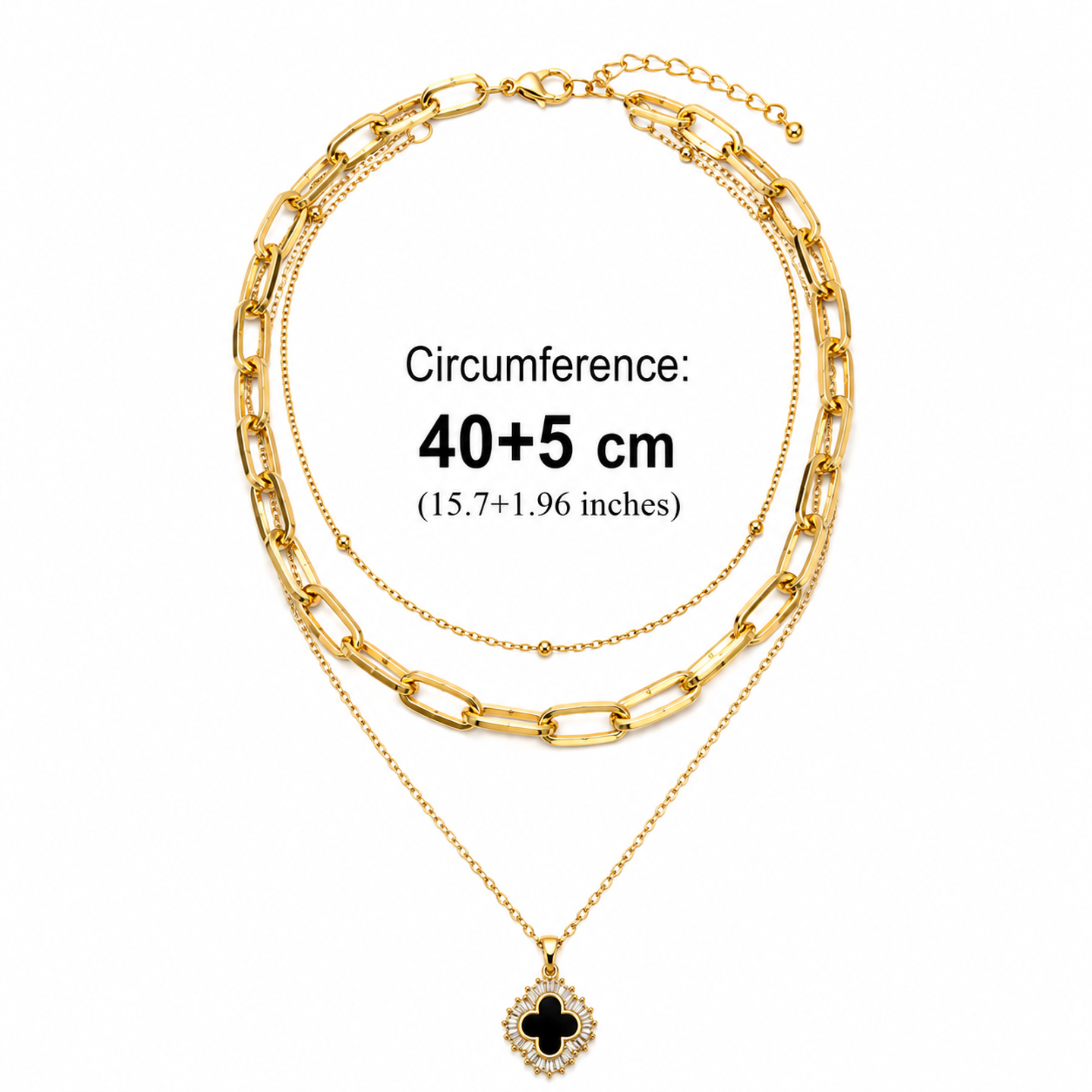 Colier Layered Gold 3-în-1 cu Pandantiv Clover Negru – Oțel Inoxidabil Waterproof 40+5 cm