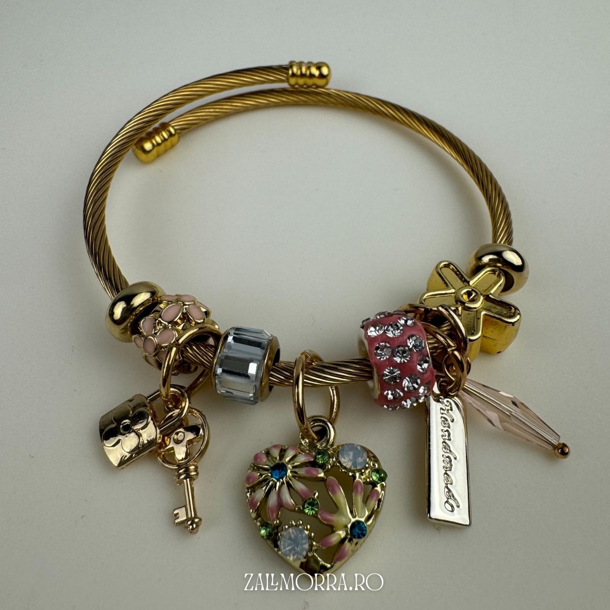 Brățară Charm „Garden Heart” – Auriu Premium, Cristale & Accesorii Florale