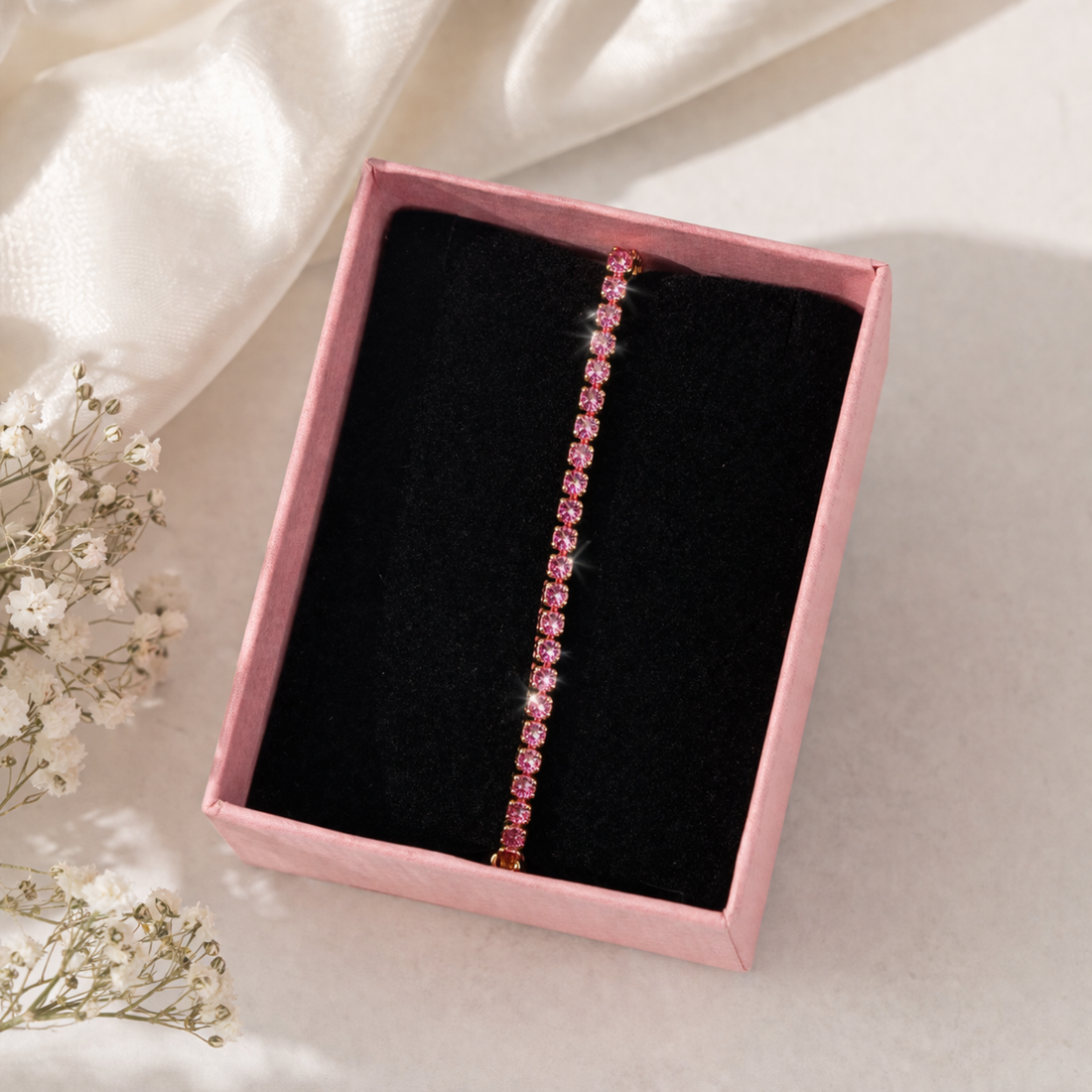 Brățară Tennis Aurie cu Pietre Roz 2 mm – Elegantă, Reglabilă 17+2 cm,inoxidabila