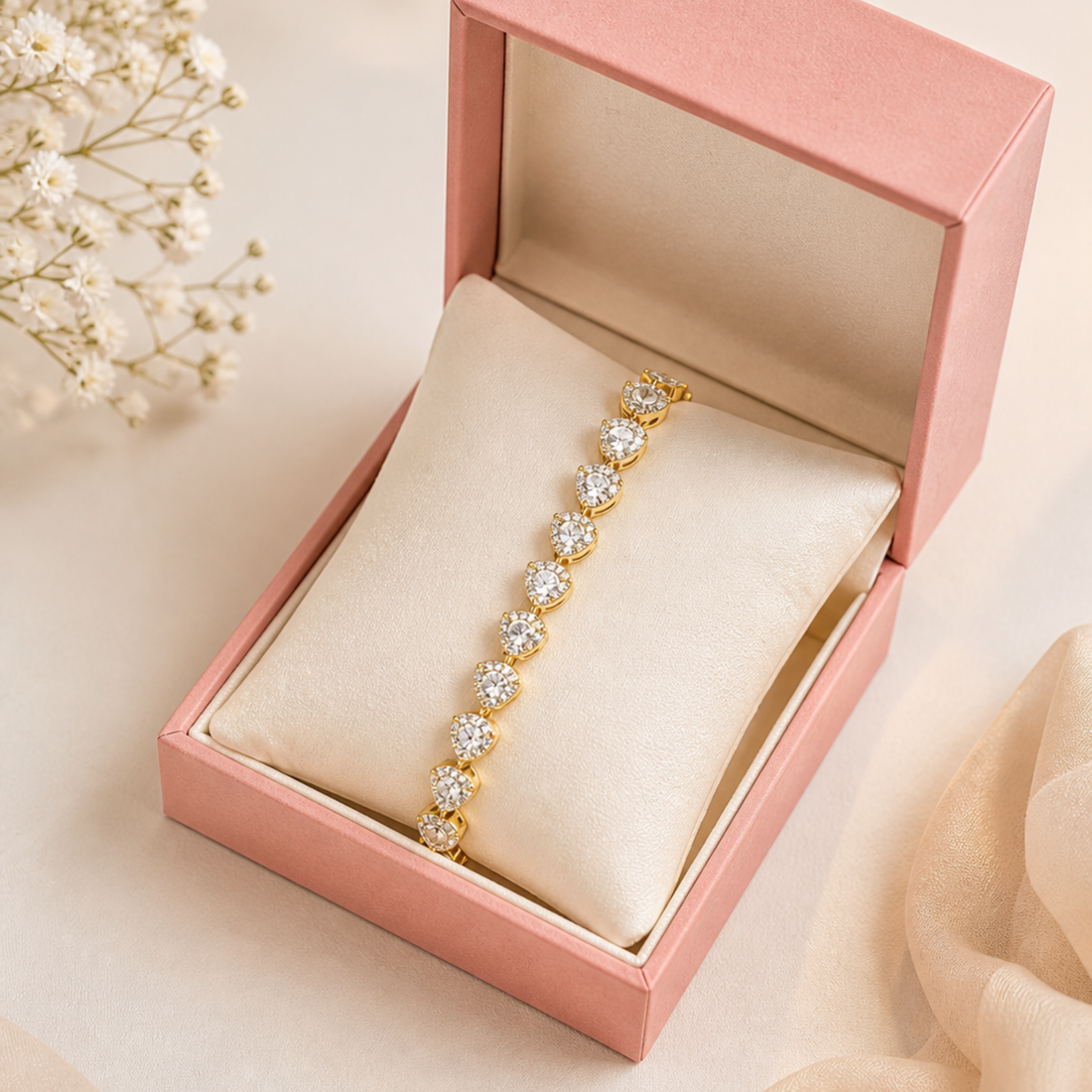 Brățară Tennis Angelic Heart aurie – cu cristale strălucitoare în formă de inimă, design elegant