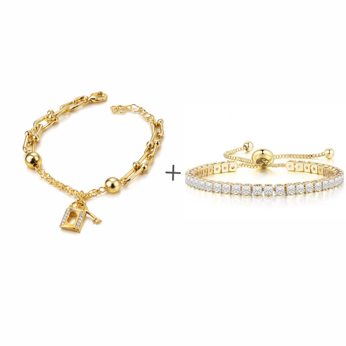 Set Brățări Aurii Damă – Brățară Tennis Reglabilă + Brățară Lacăt și Cheie, Inoxidabil