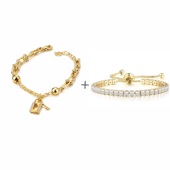 Set Brățări Aurii Damă – Brățară Tennis Reglabilă + Brățară Lacăt și Cheie, Inoxidabil