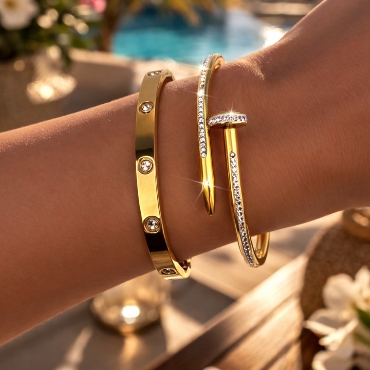 Set Brățări Aurii Damă – Brățară Fixă Model Cui & Brățară Elegantă Simplă, Inoxidabile