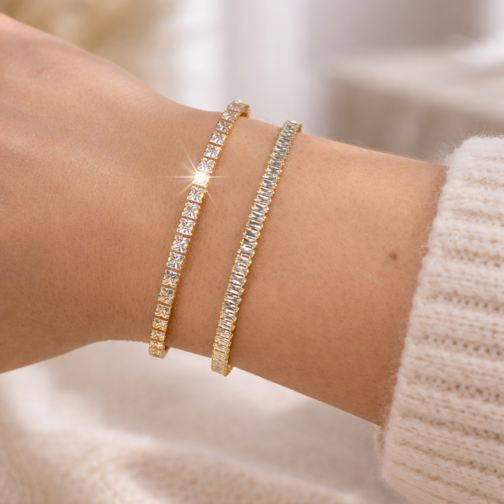 Set Brățări Tennis Aurii Damă 3mm și 2mm Dreptunghiulare Reglabilă și Fixă Inoxidabile Cadou