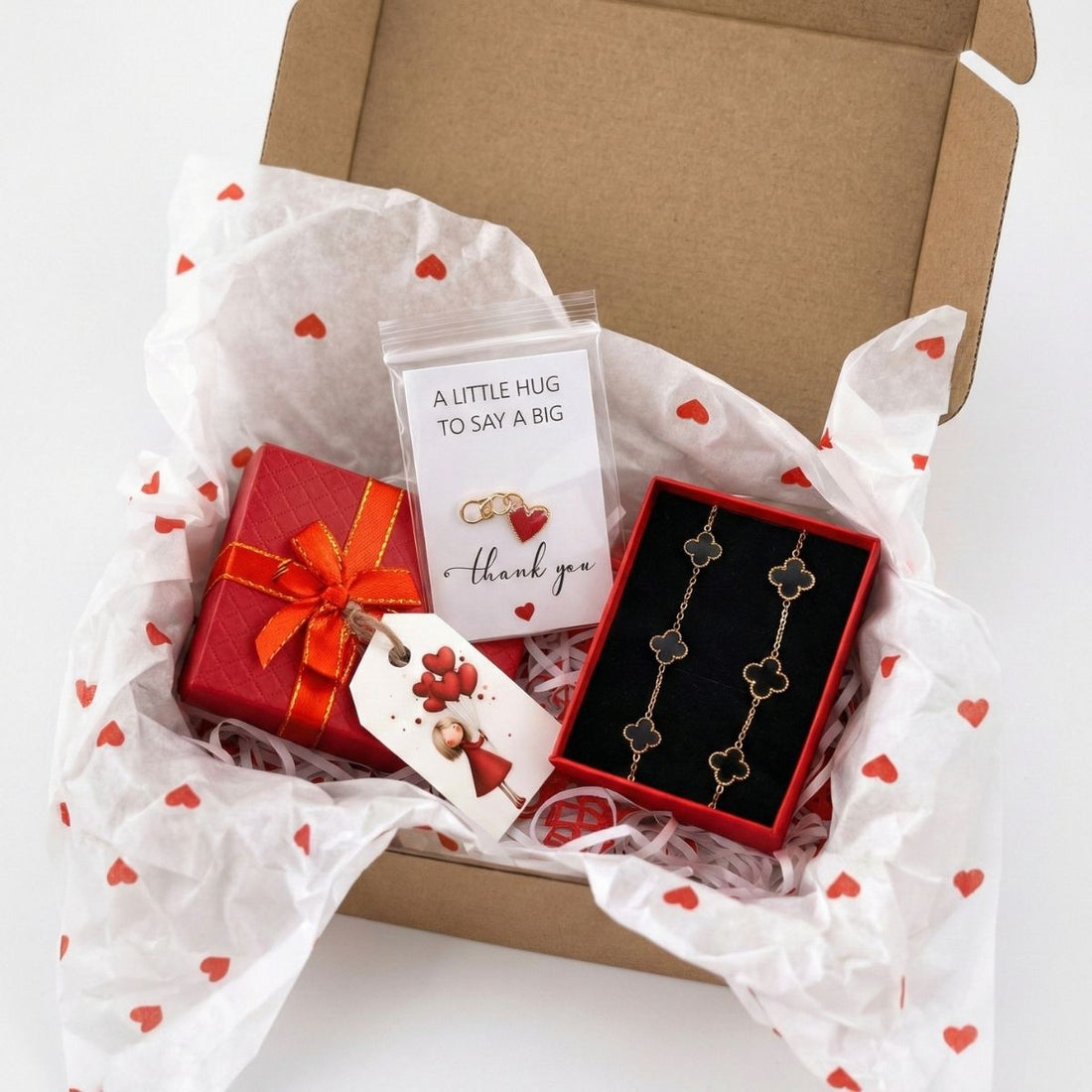 Set Cadou Elegant „Black Lucky” – Brățări Trifoi Negru Mic & Mare, Ambalaj Premium & Charm Inimă