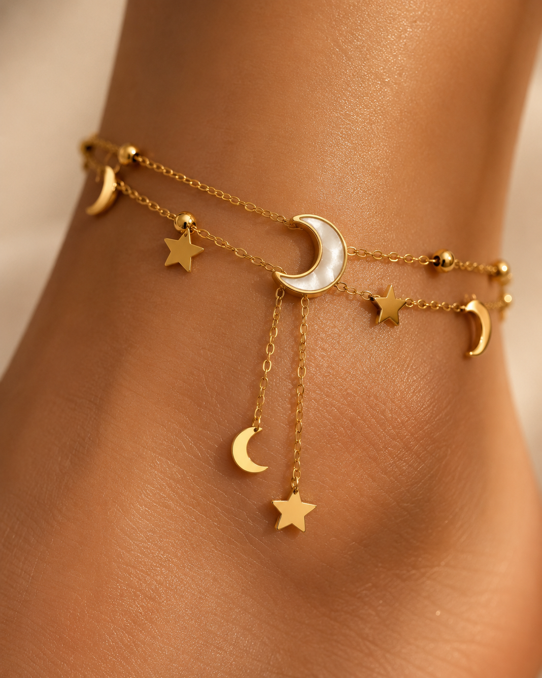 Brățară de Gleznă Moon & Stars cu Pandantive din Oțel Inoxidabil Auriu