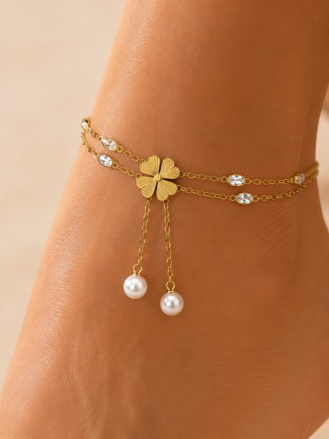 Brățară de Gleznă Lucky Clover cu Trifoi, Perle și Zirconii din Oțel Inoxidabil Auriu