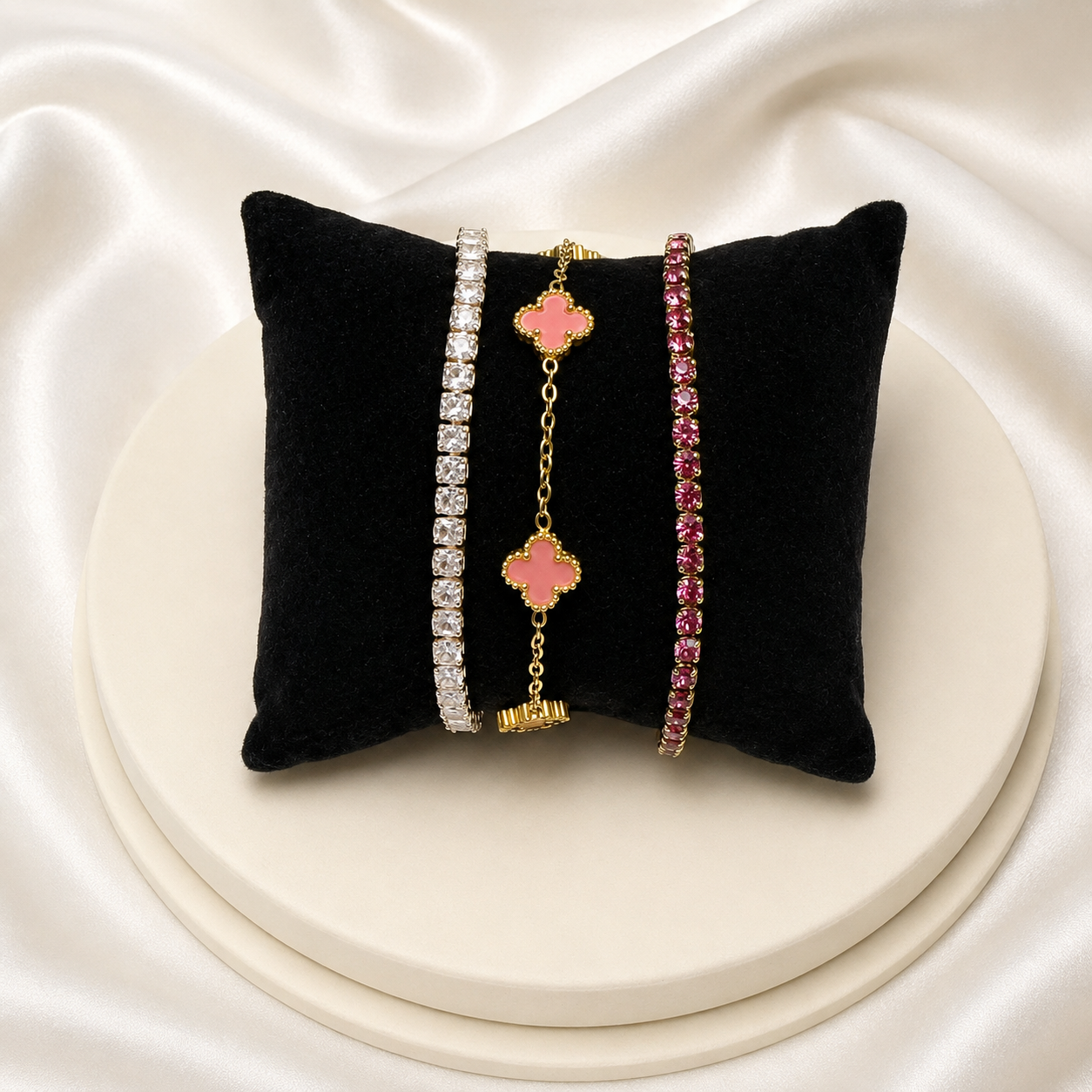Set 3 Brățări Damă Pink Crystal – Cristale Transparente și Roz | Zallmorra