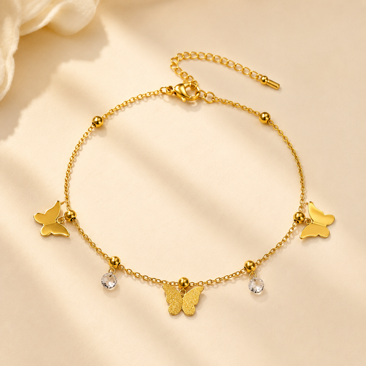 Brățară de Gleznă Golden Butterfly cu Fluturi și Cristale din Oțel Inoxidabil Auriu