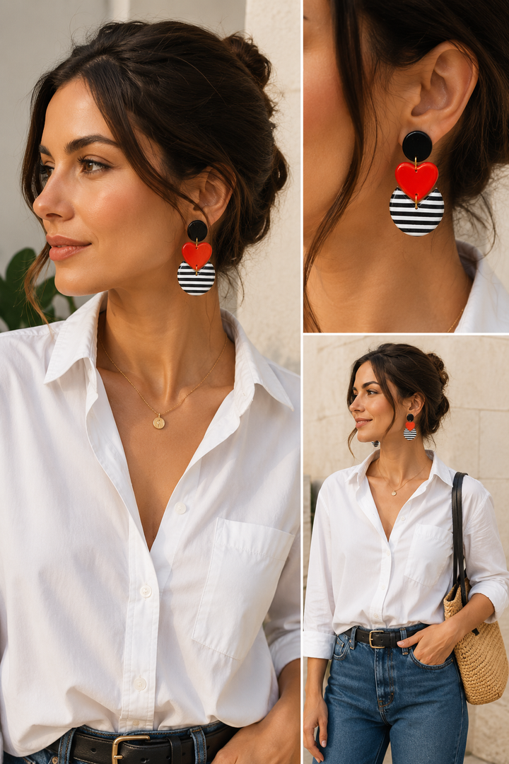 Cercei CUORE MARIN – Inimă Roșie și Dungi Navy Handmade | Zallmorra Artisan Collection
