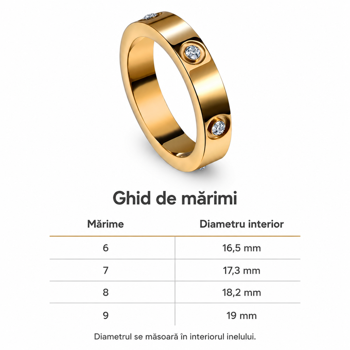 Inel Damă Auriu cu Bandă Lată și Zirconii Rotunde, Finisaj Lucios, Mărimi 6–9