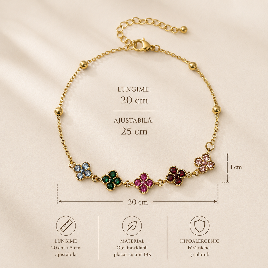 Brățară de Gleznă Rainbow Cloves cu Zirconii Multicolore din Oțel Inoxidabil Auriu